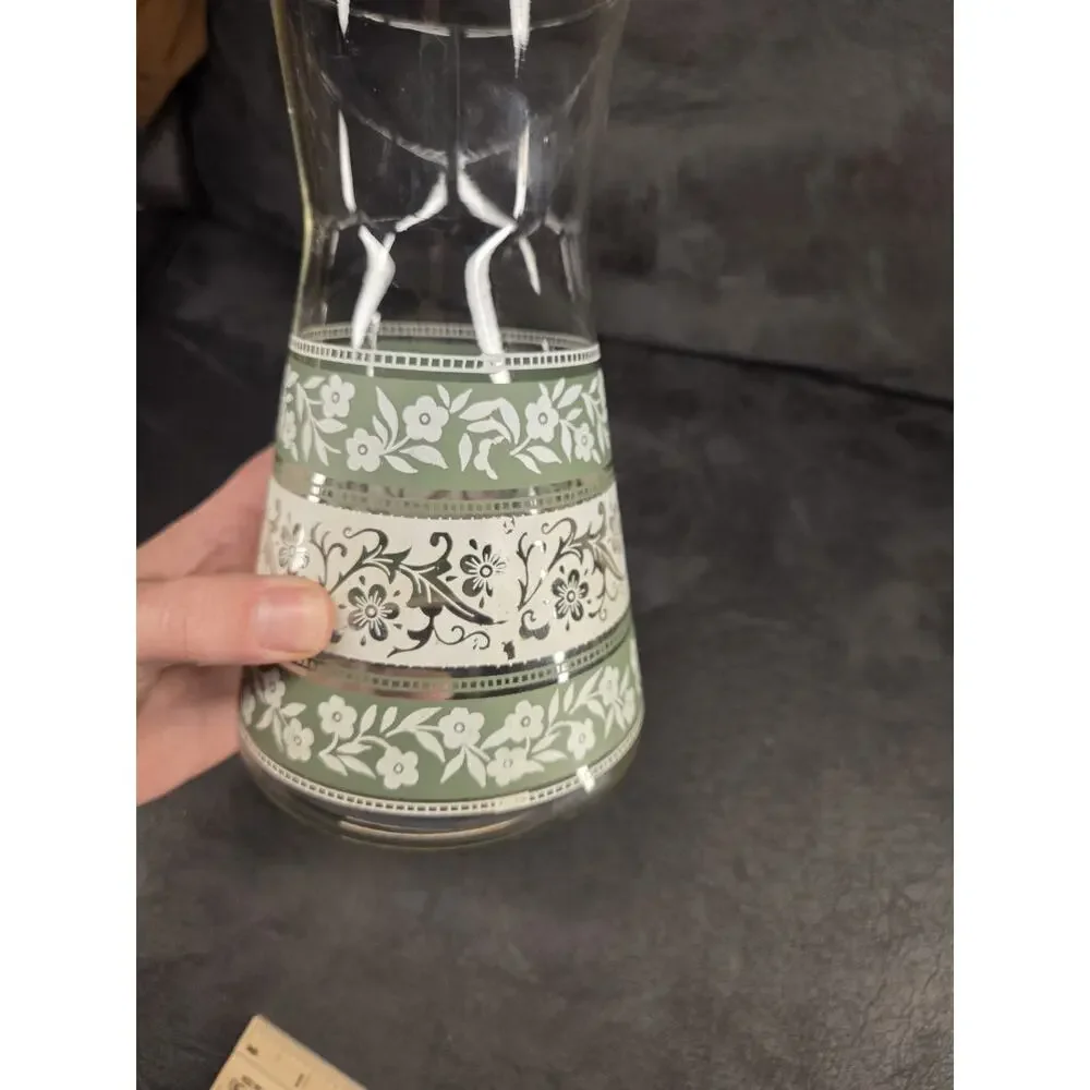 Vintage Mid-Century Glass Juice Carafe Green & White Floral Silver Bands 7.5